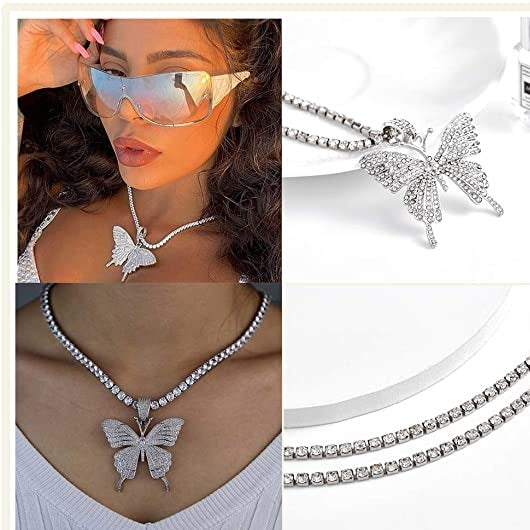 Amazon.com: Asphire Sparking Rhinestone Butterfly Pendant Necklace Iced Out  Butterfly Tassel Choker Necklaces Set Punk Shinny Tennis Chain Necklace for  Women E Girls (Silver) : Clothing, Shoes & Jewelry